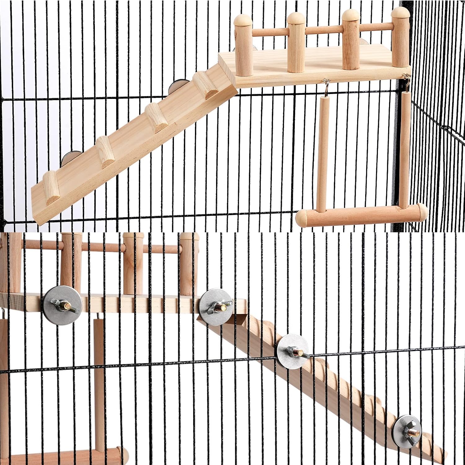 Bird Perches Platform Swing with Climbing Ladder, Parakeet Cage Accessories Wooden Playing Gyms Exercise Sturdy for