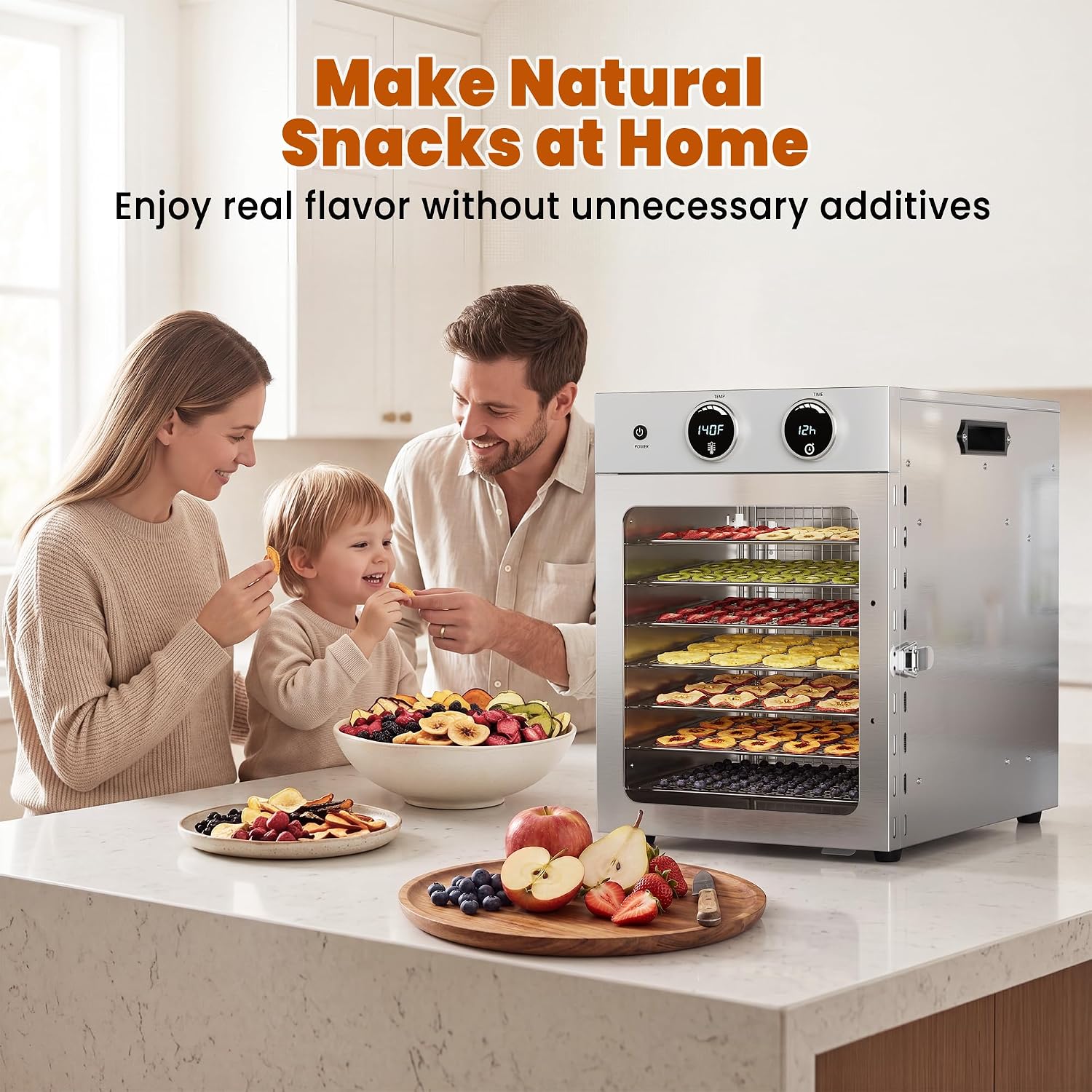 Food Dehydrator Machine | 8 Stainless Steel Trays | 500W Fast Even Drying | 86–194°F Precise Temp Control, 24H Timer