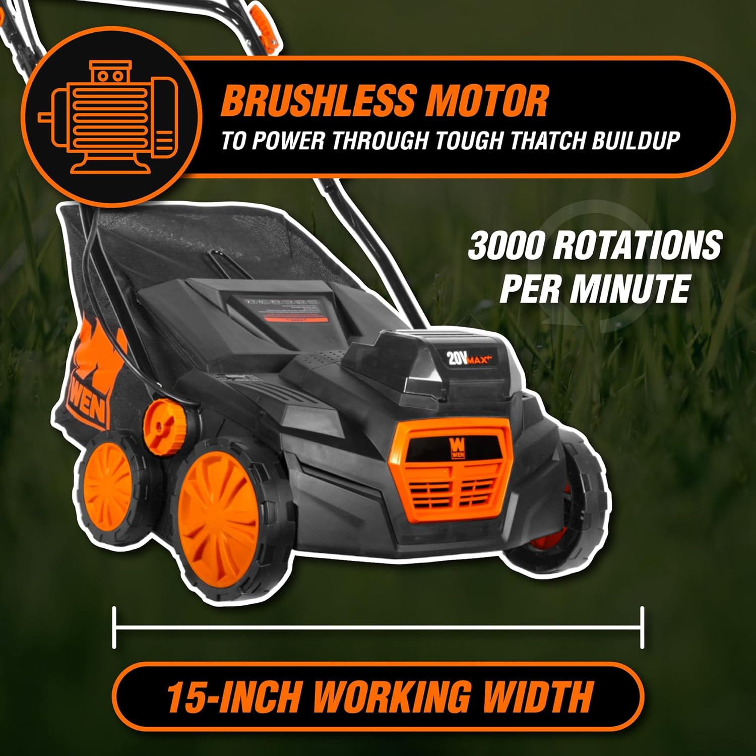 20V Max Cordless 15-Inch 2-in-1 Brushless Electric Dethatcher and Scarifier with Collection Bag, Two 4.0 Ah
