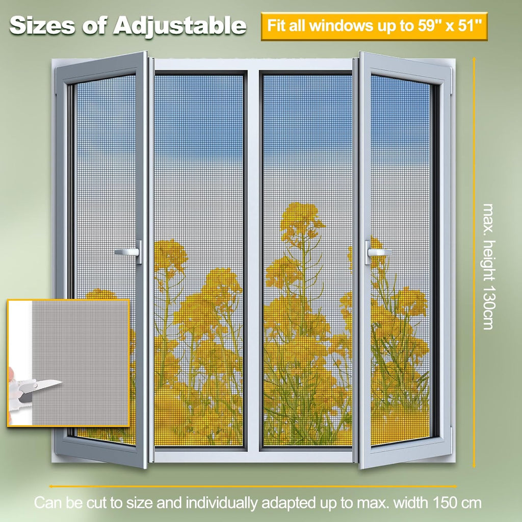 Magnetic Window Screen, Adjustable DIY Window Net Max 59” x 51” with Innovative Magnetic Fastener, Fiberglass Fine