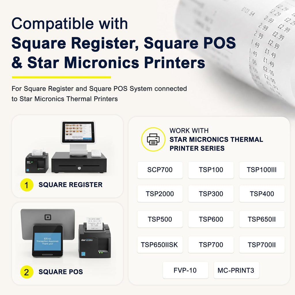 Receipt Paper Roll 3 1/8 x 230 for Square Register and Square POS System connected to Star Micronics Thermal Printer