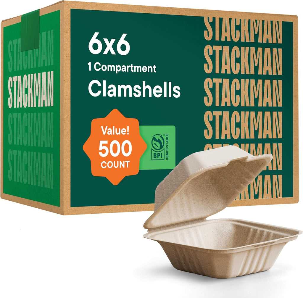 100% Compostable Clamshell Take Out Containers - 6x6 [500-Pack] Heavy Duty