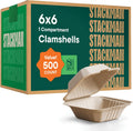 100% Compostable Clamshell Take Out Containers - 6x6 [500-Pack] Heavy Duty