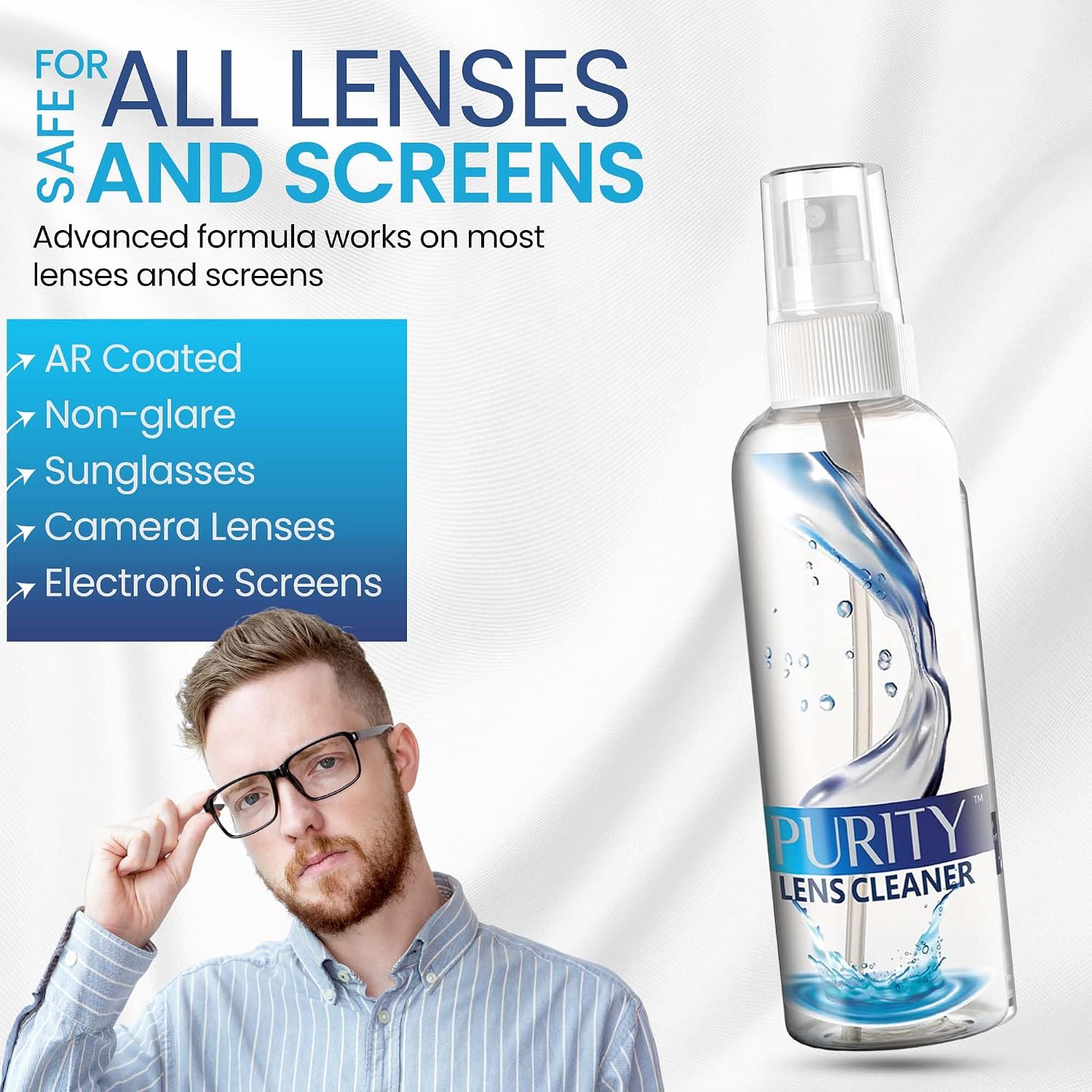 Purity Eyeglass Lens Cleaner Kit - 2 x 8oz and 1 x 2oz Lens Cleaner Spray Bottle + 2 Microfiber Cleaning Cloths