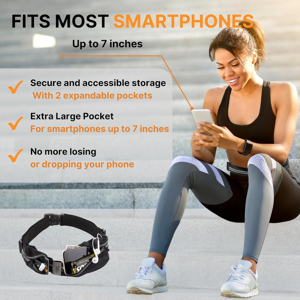 Running Belt for Women and Men, Waterproof Phone Holder for Running, Reflective 2-Pocket Waist Pack for Storing
