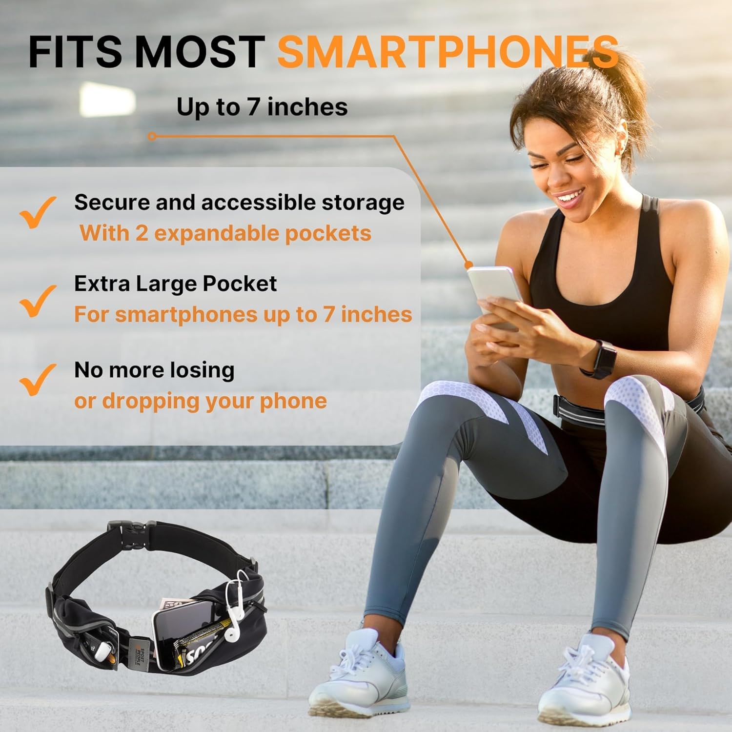 Running Belt for Women and Men, Waterproof Phone Holder for Running, Reflective 2-Pocket Waist Pack for Storing