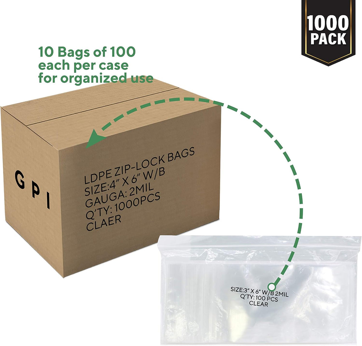 4" x 6" Clear Plastic Reclosable Zip Bags, 1000 Count, 2 mil Thick, GPI