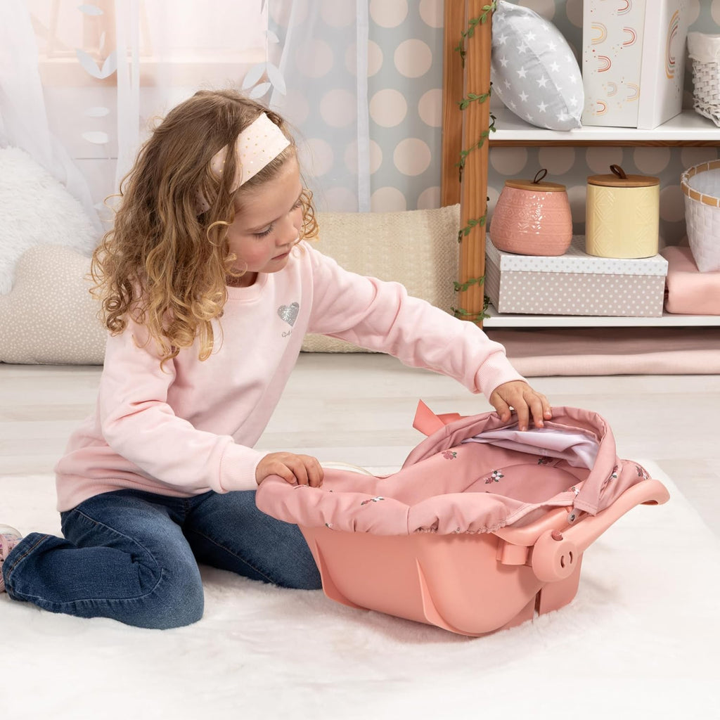 Design: Doll Deluxe Car Seat - Coral Pink Floral - Portable Travel Carrier for Dolls Up to 18", Sunshade & Carry