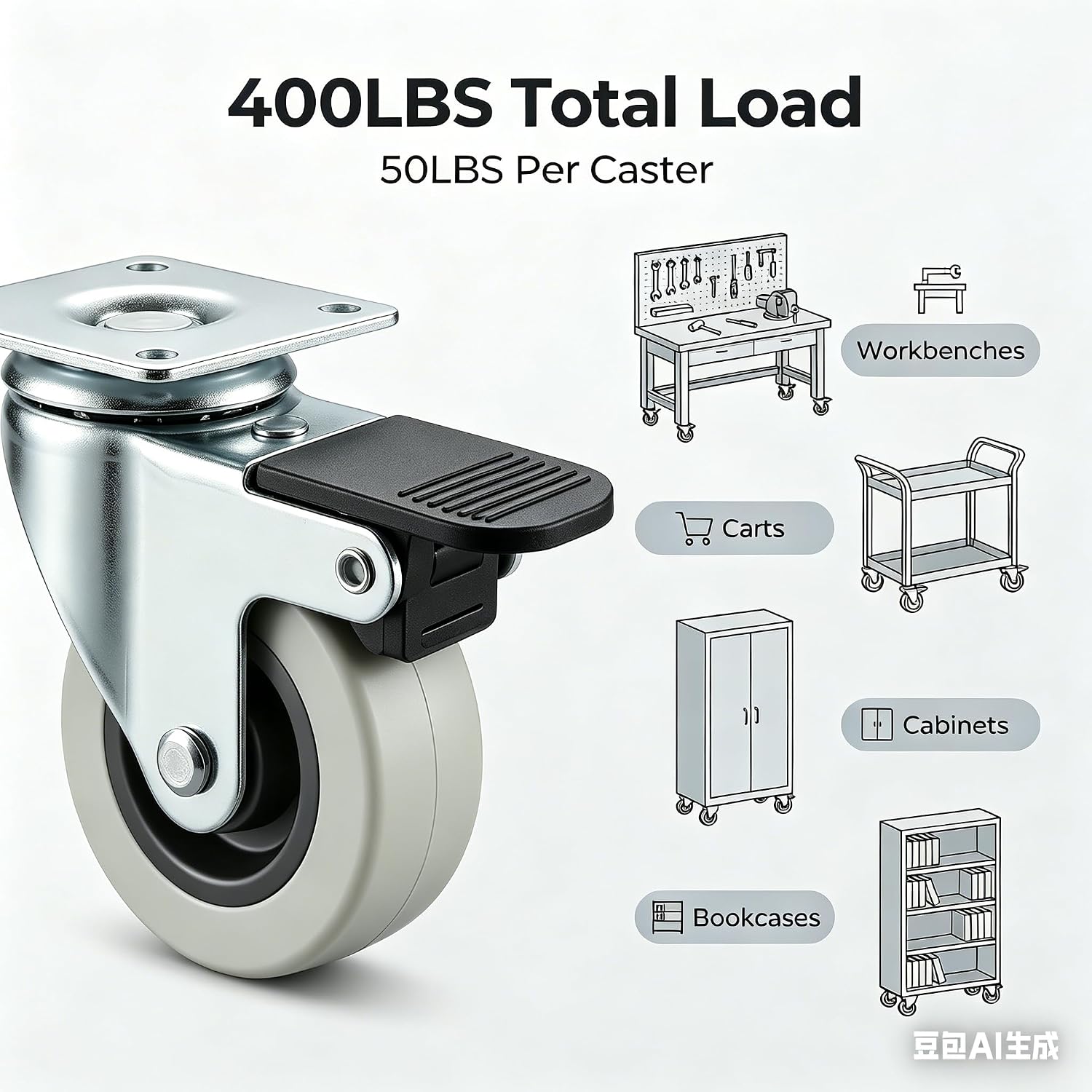 Furniture Wheels 2 Inch - 4 Pack Plate Casters with Brake | Steel Structure with 400LBS Capacity, Quiet Rolling on