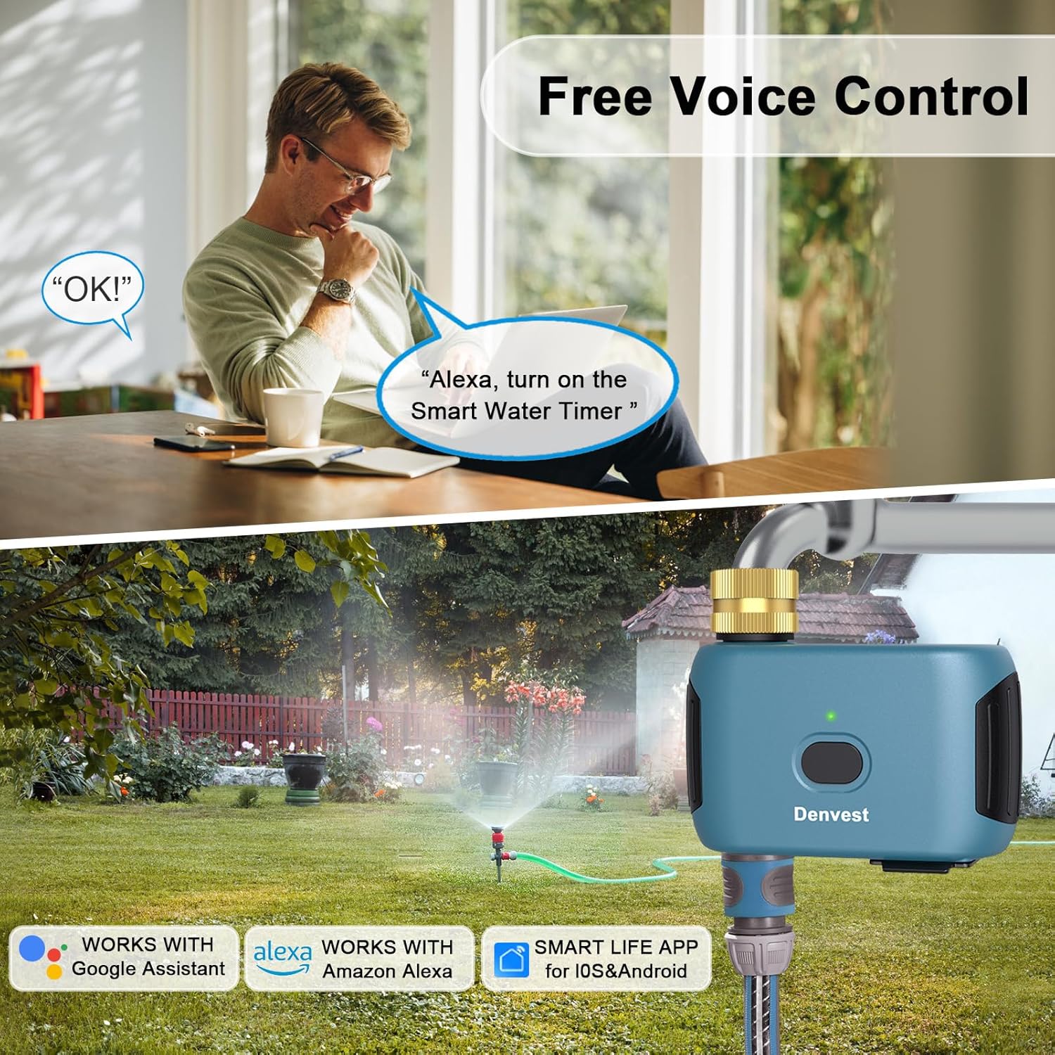 WiFi Water Timer with Brass Inlet, 1 Zone Smart Sprinkler Timer for Garden Hose Faucet, Hose Timers with Up to 20