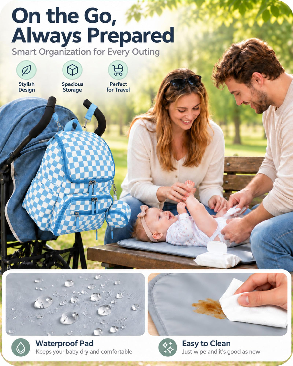 Checkered Diaper Bag Backpack with Changing Pad & Stroller Clips