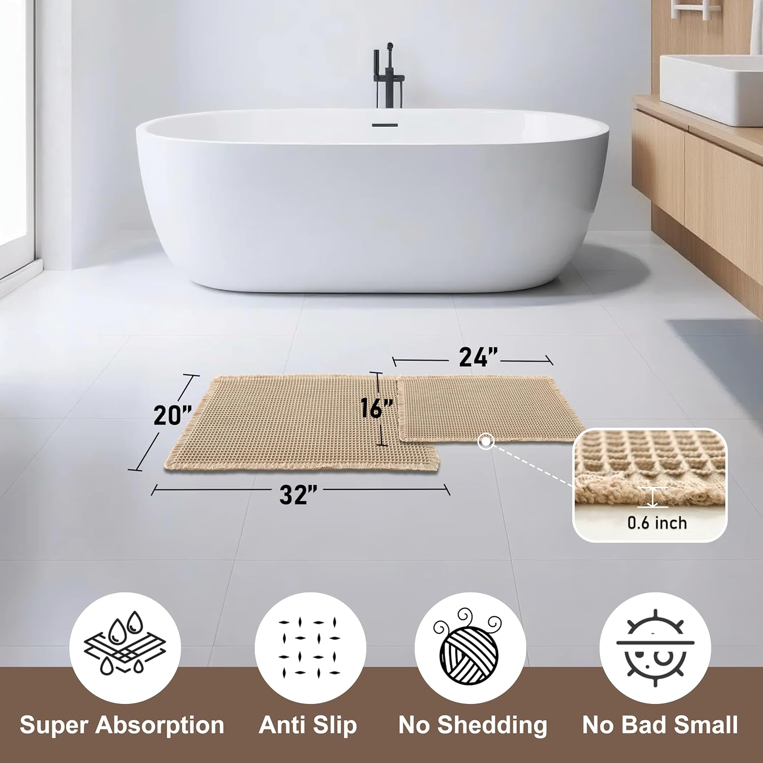 Set of 2 Waffle Bath Mats Boho Non Slip Bath Rugs Washable Bathroom Rugs Super Absorbent Waffle Mats Ultra Soft Fast