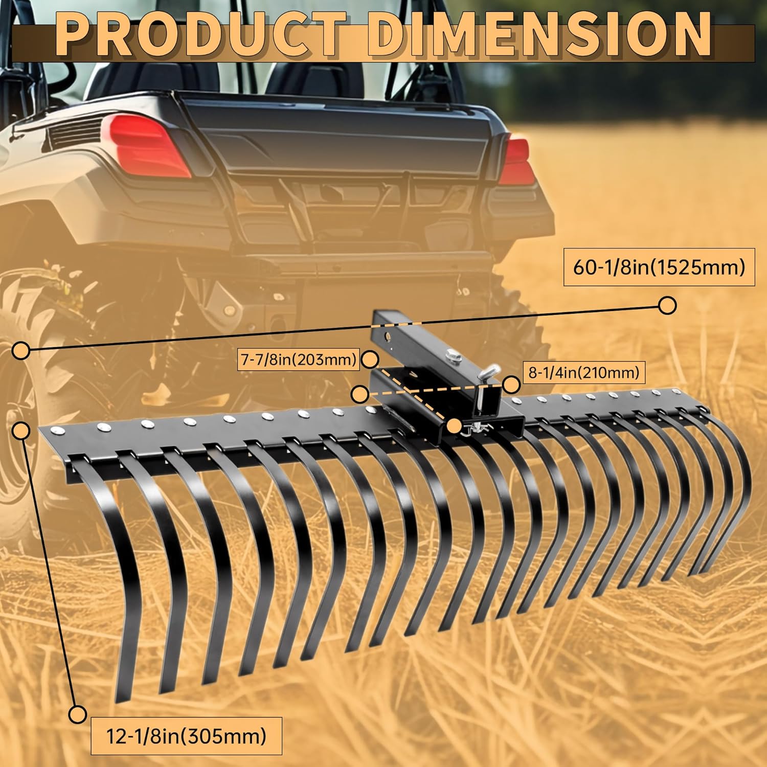 60 Inch Landscape Rake Pine Straw Rake Tractors Rake Fit for 2 Inch Receiver ATV UTV SxS Features 48" or 60"