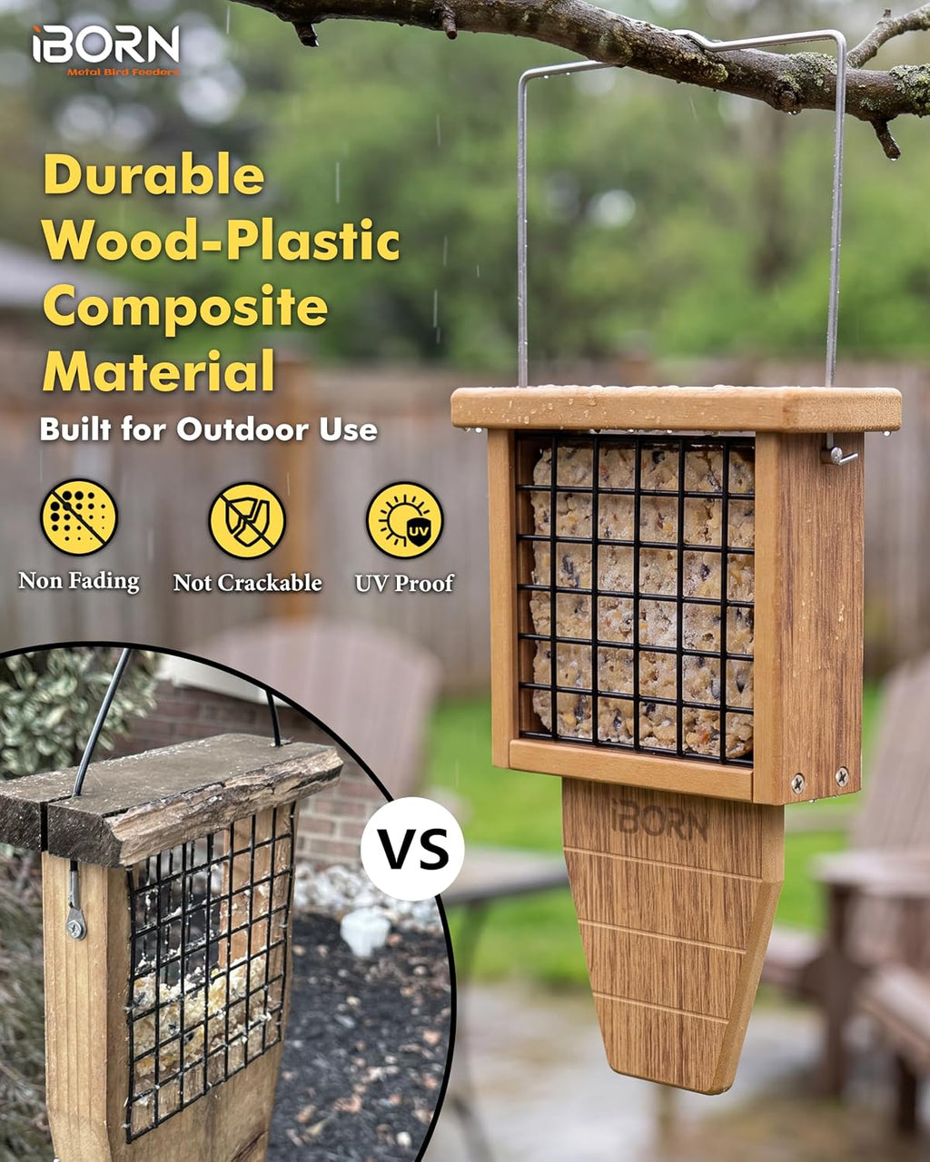Suet Bird Feeder with Tail Prop,WPC Recycled Plastic & Weatherproof,Raw,1PK