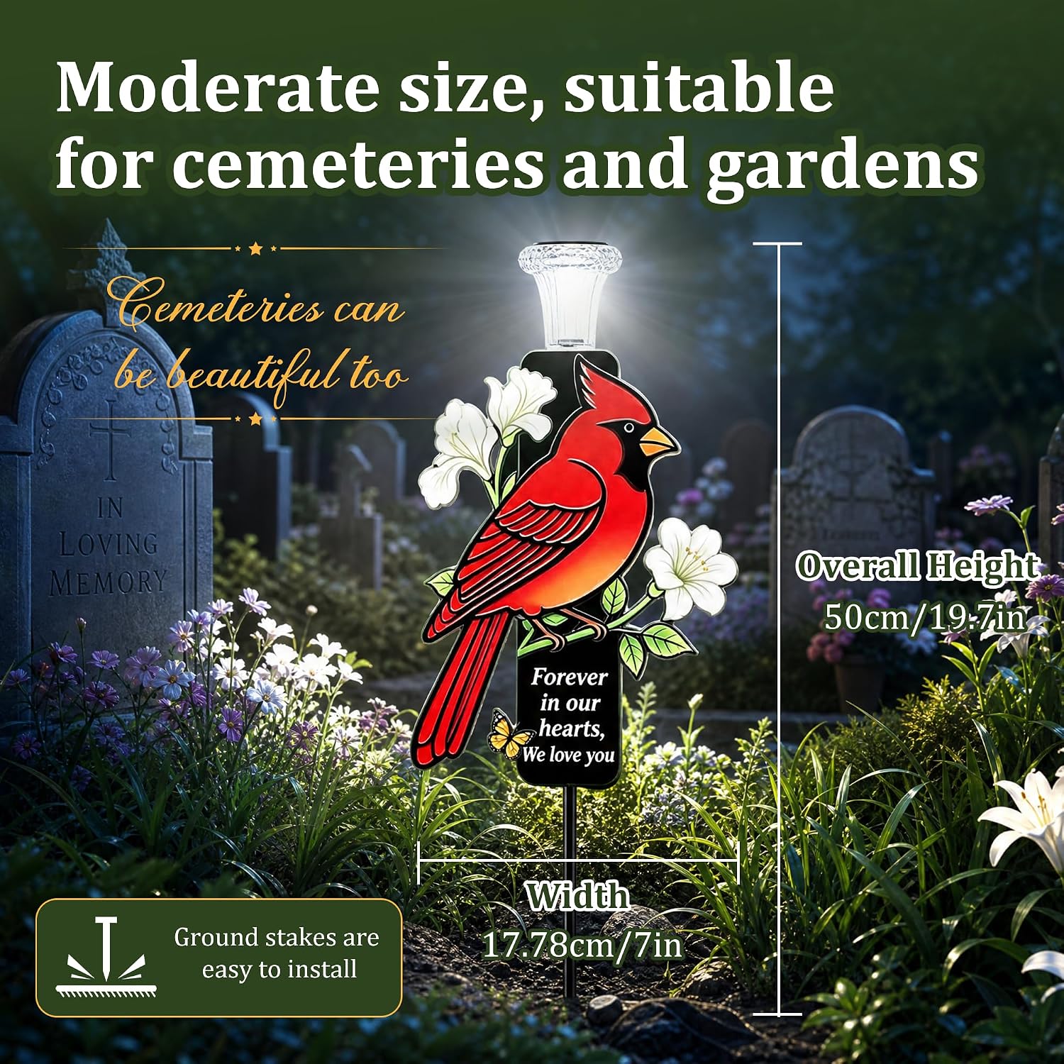 Solar Cardinal Memorial Garden Stake Light, Waterproof Red Bird Cemetery Grave Marker with LED Solar Lamp, Forever in