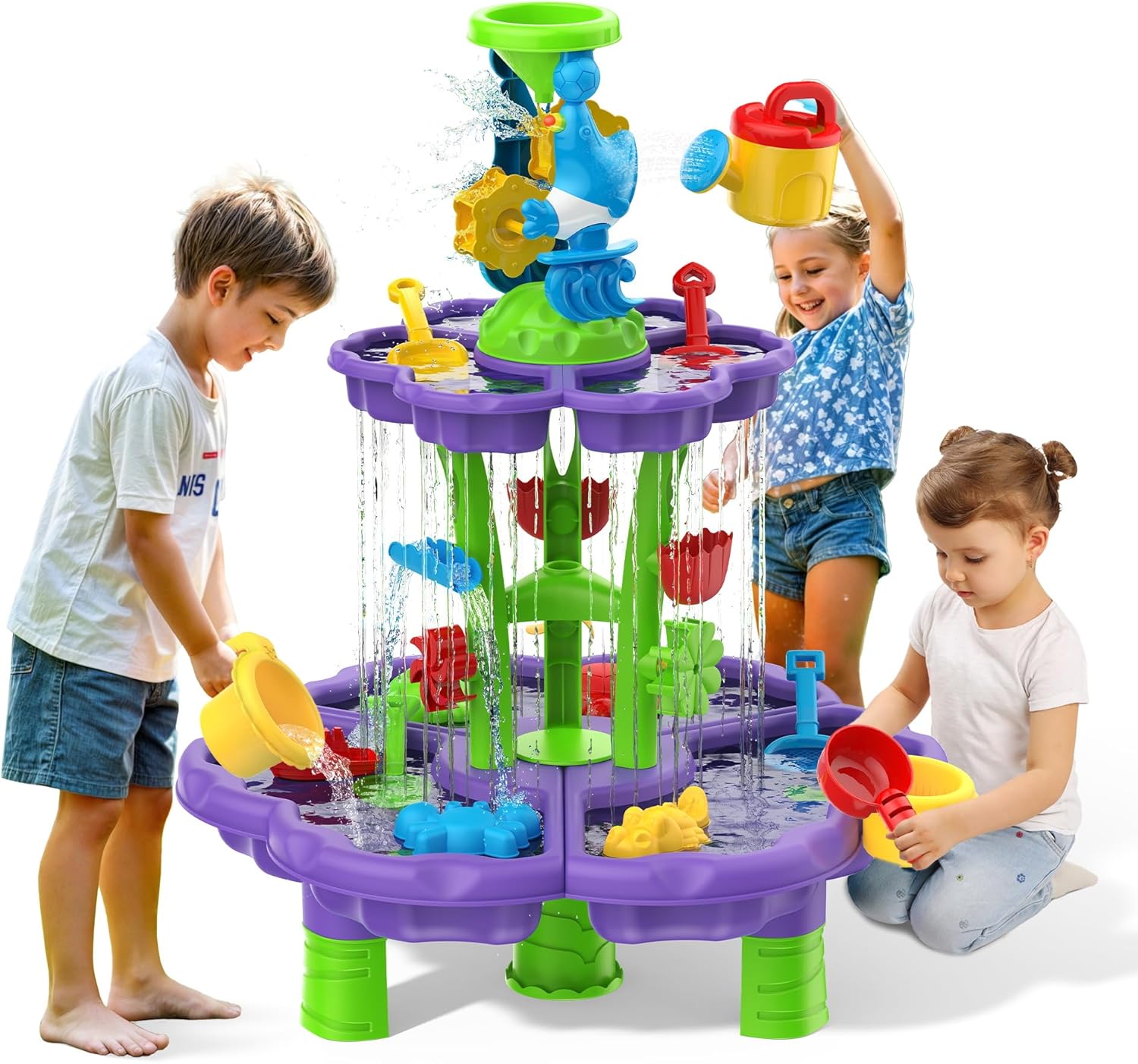 Kids Flower Water Sand Table for Toddlers - 2-Tier Outdoor Water Sand Play Table Toys for Boys Girls, Summer Splash