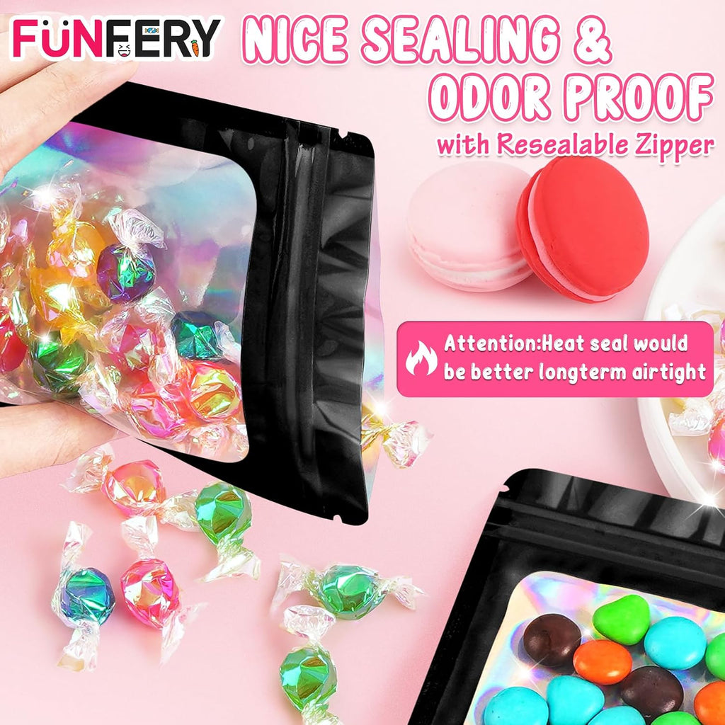 100 Pack Resealable Holographic Bags, Smell Proof Packaging, Black