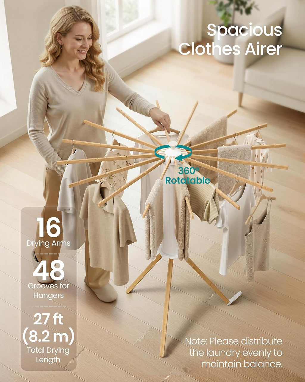 Clothes Drying Rack Foldable, Rotary Tripod Laundry Drying Rack, Rotatable Portable Floor Standing Clothes Airer