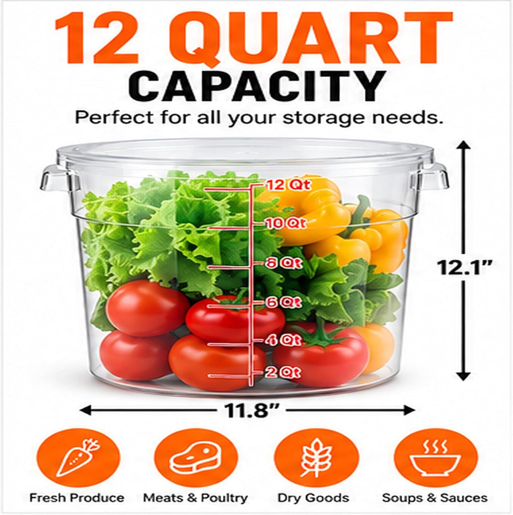 12 Qt Commercial Food Storage Container with Lid – Clear Polycarbonate Round Container, Stackable, NSF-Style