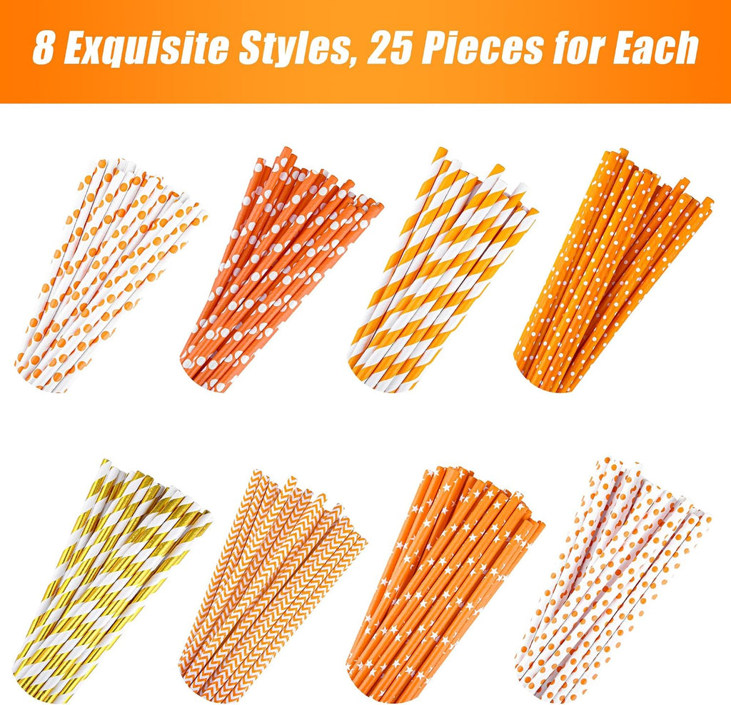 200 Pieces Thanksgiving Paper Straws Orange and Gold Assorted Paper Straws Biodegradable Drinking Straw Mix for Fall