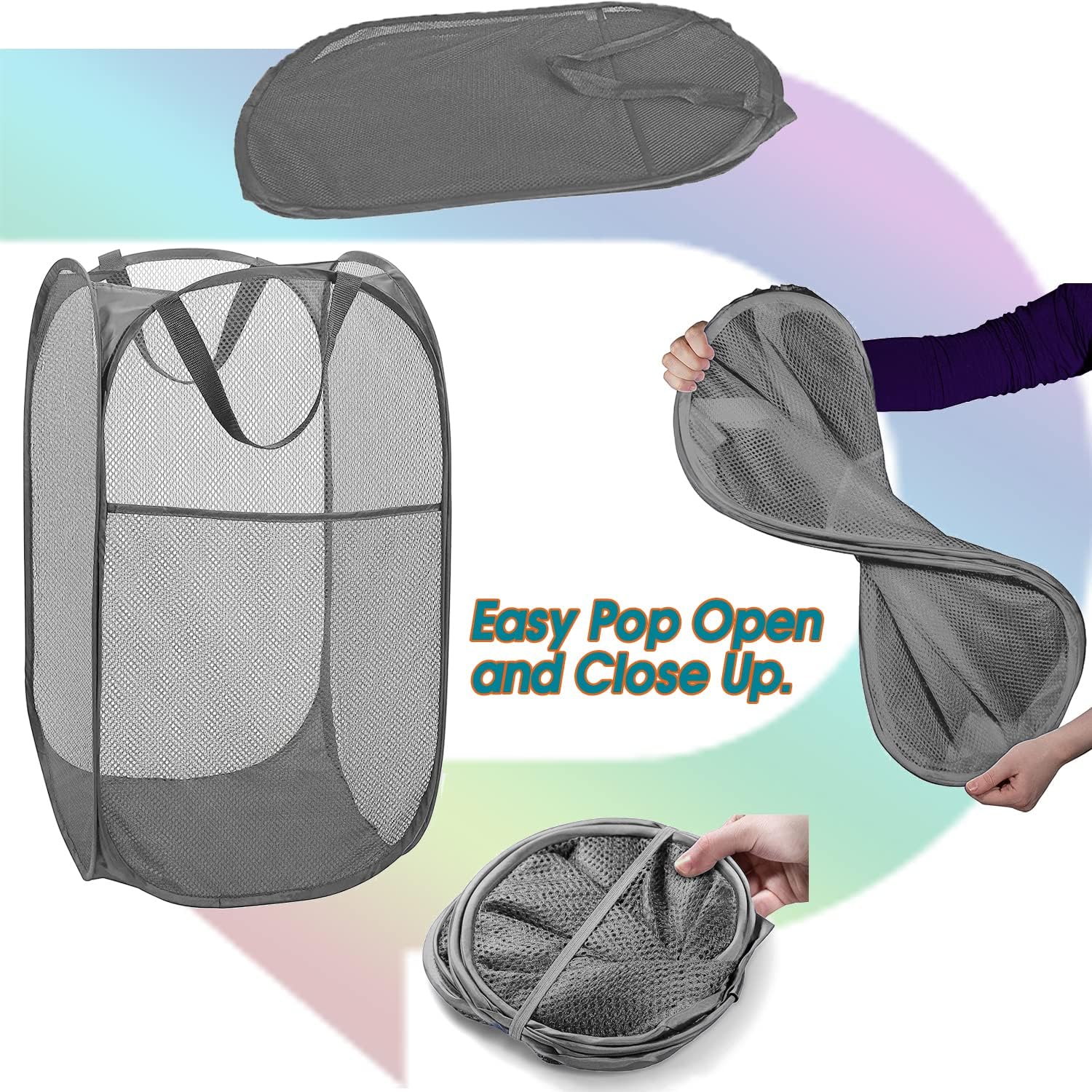 Deluxe Strong Mesh Pop up Laundry Hamper Basket with Side Pocket for Laundry Room, Bathroom, Kids Room, College Dorm