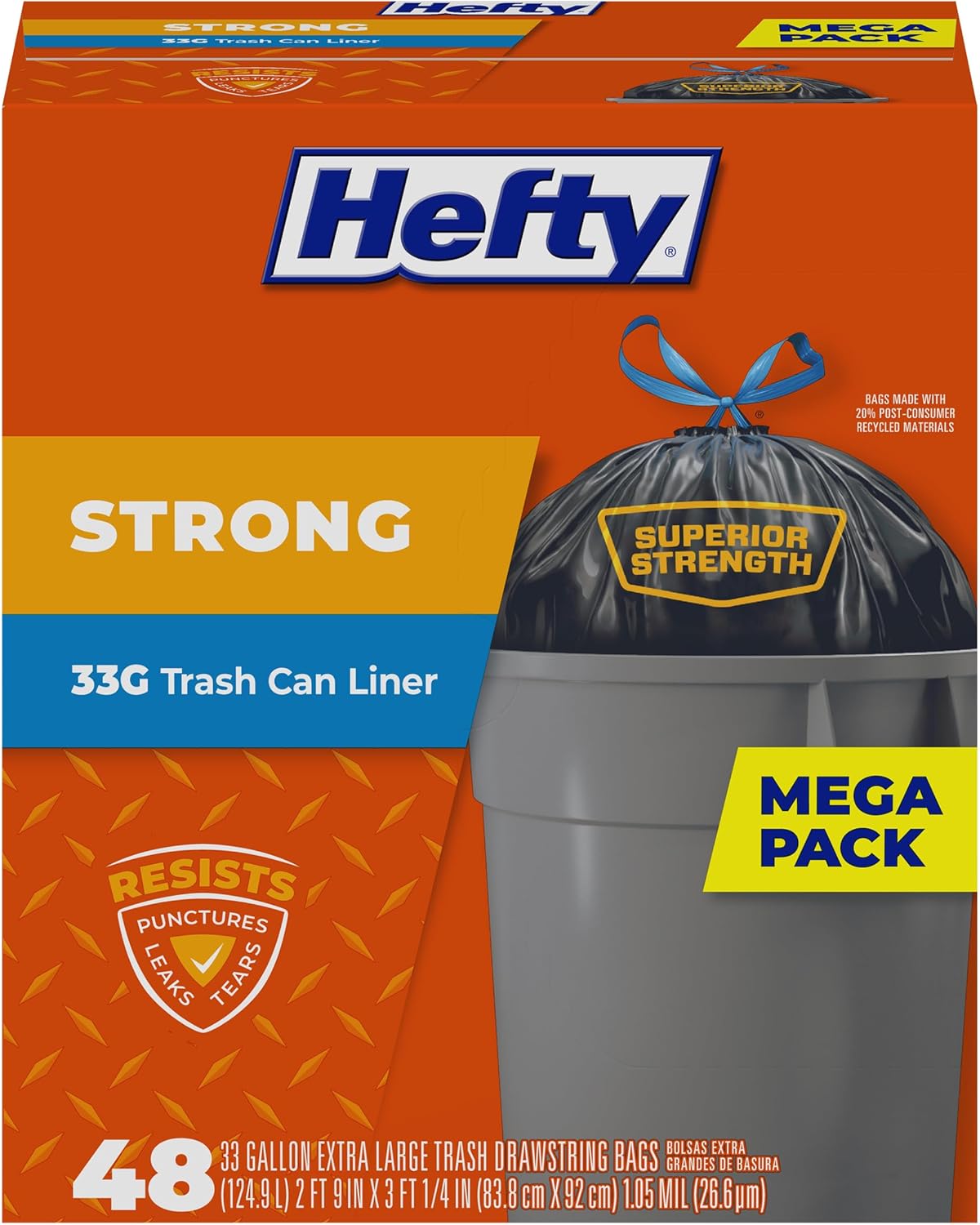 Strong 33 Gallon Trash Bags with Drawstrings, Black, Unscented, 48ct | 33G Large Trash Bag Liners, Resists Leaks