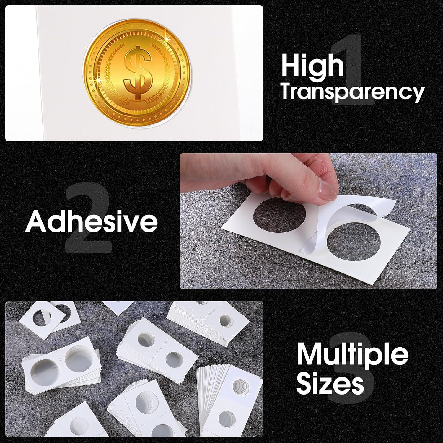 600 Self Adhesive Coin Holders, Cardboard 2" x 2" Holders, Many Assorted Sizes Coin Flips Collection Supplies