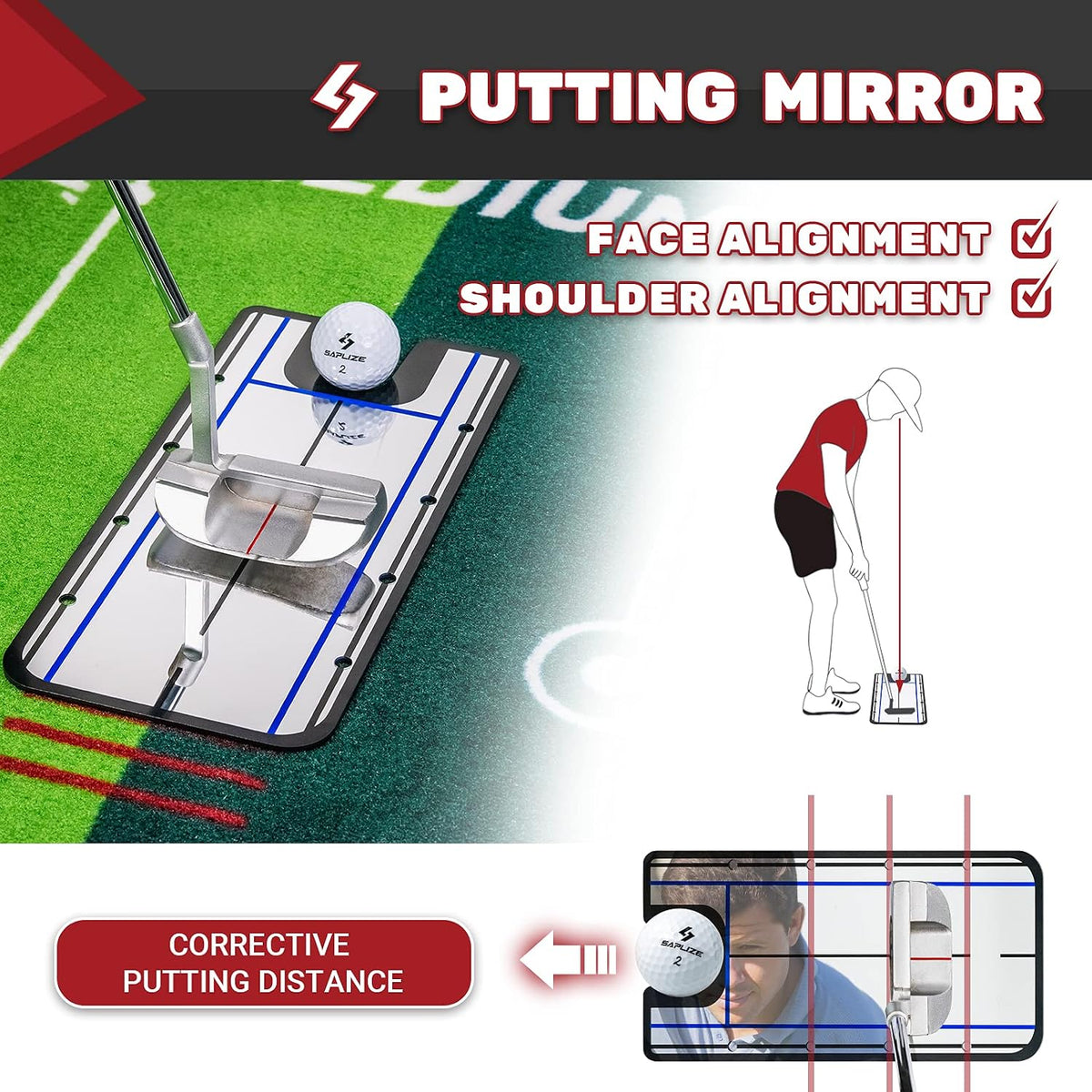 Golf Putting Mat with Alignment Mirror, Two-Speed Golf Practice Mat, 20 in x 10 ft Indoor Outdoor Putting Green with
