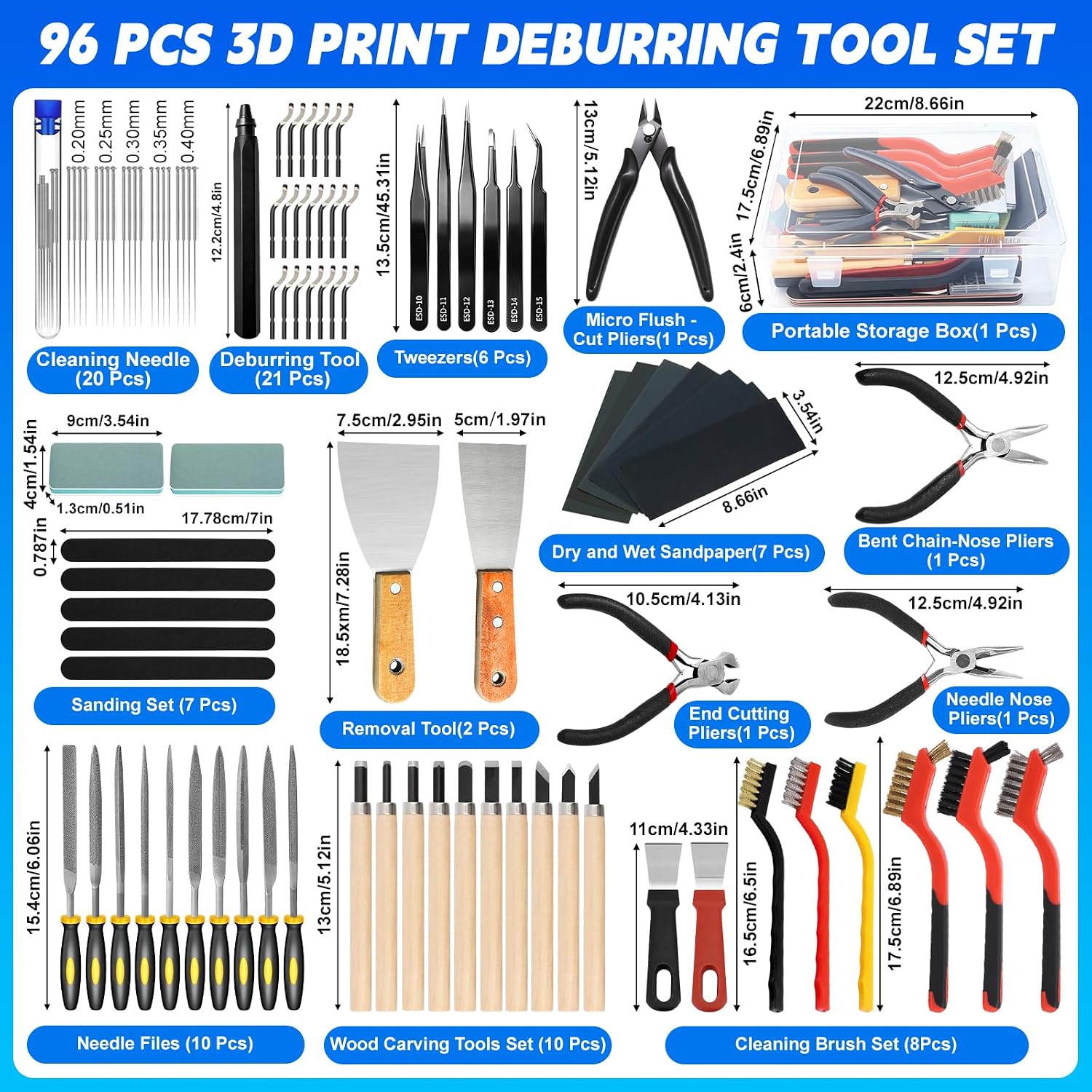 96 Pcs 3D Printer Tool Kit with Deburring Tool for FDM/SLA Printers | 3D Printer Accessories Includes Nozzle
