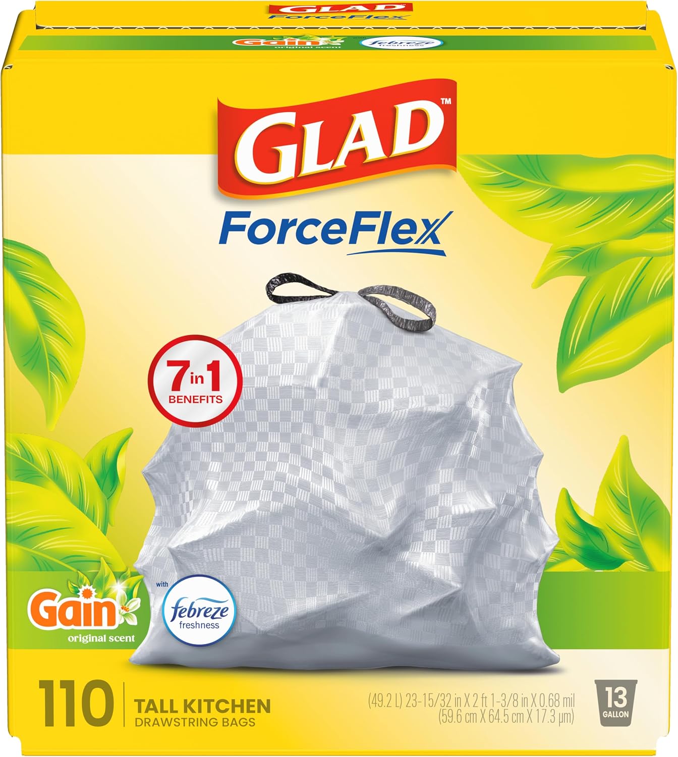 ForceFlex Tall Kitchen Trash Bags, 13 Gal, Gain Original with Febreze, 110 Ct (Pack May Vary)