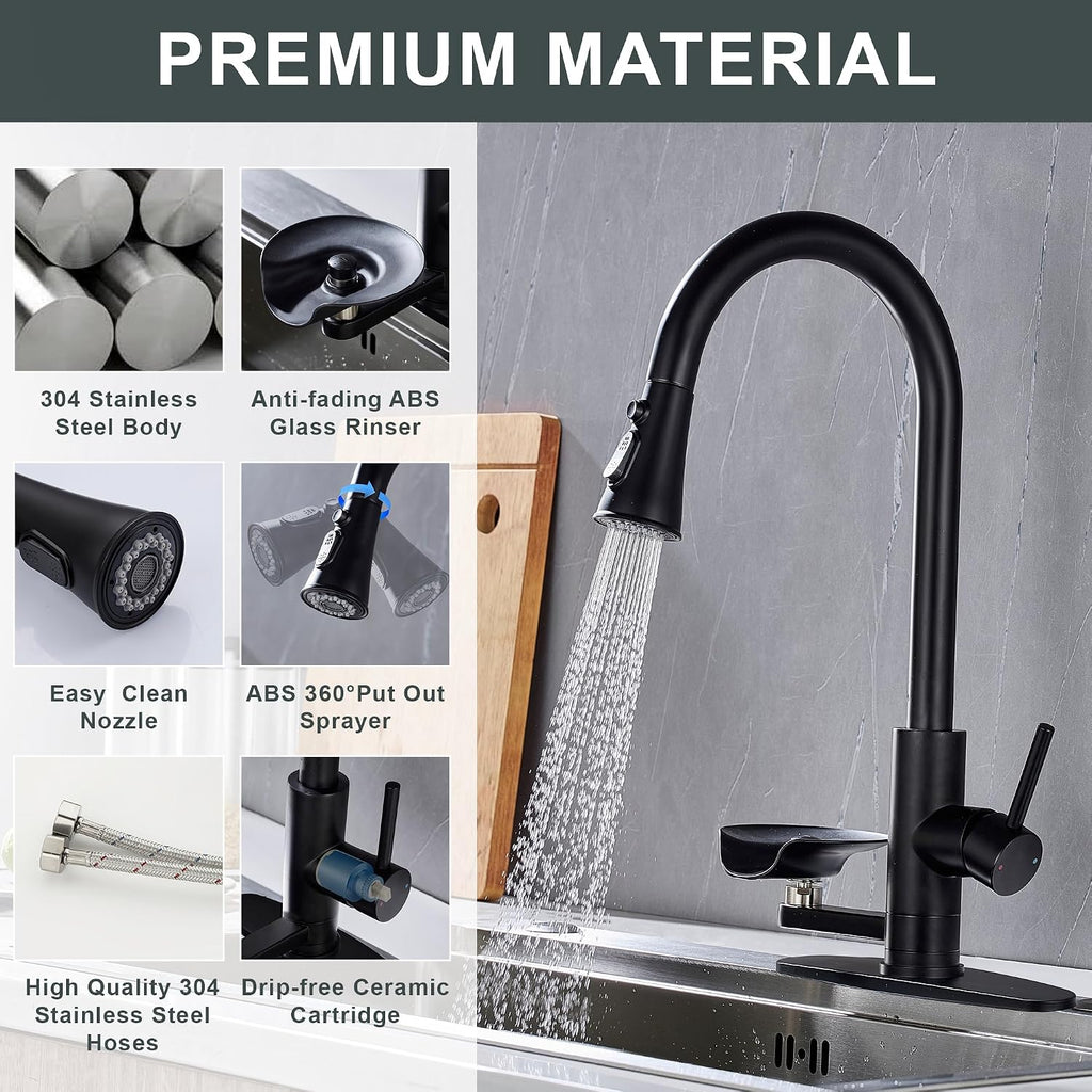 Kitchen Faucets with Glass Rinser Single Handle Kitchen Sink Faucet with Pull Out Sprayer, 1 or 3 Hole, High Arc Cup