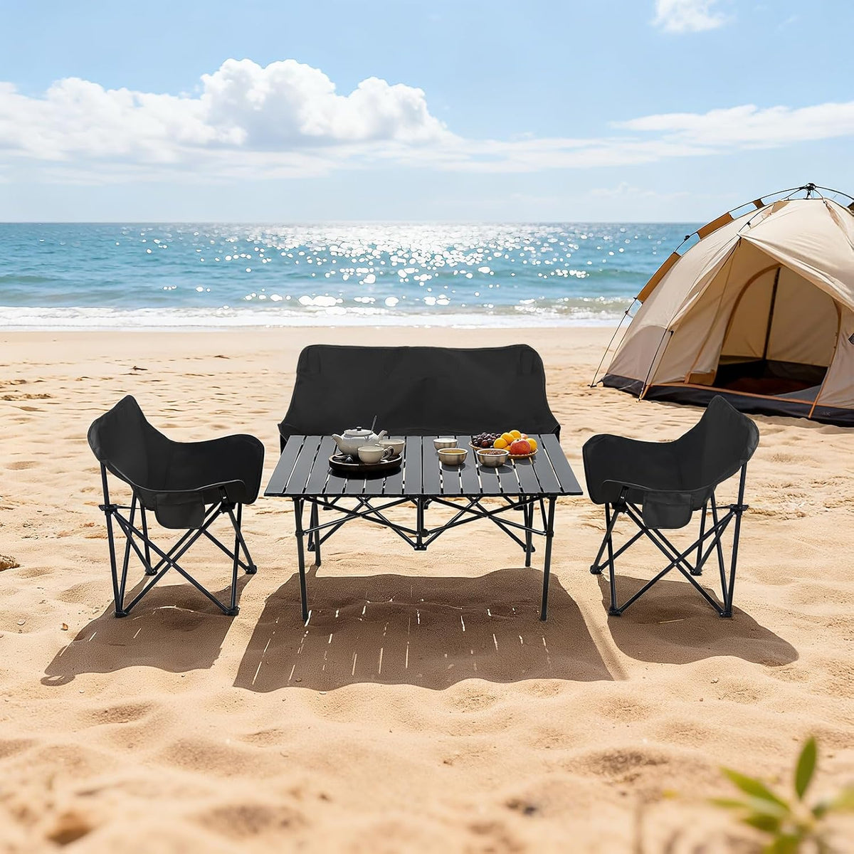 4-Piece Folding Table & Chair Set - Includes 1 Table | 1 Double & 2 Single Moon Chairs, Portable Heavy Duty for