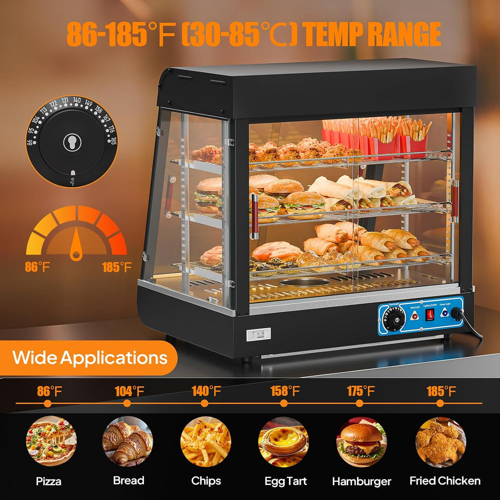 26" Commercial Food Warmer Display Pizza Warmer, 3-Tier Electric Countertop Food Warmer w/LED Lighting, Adjustable