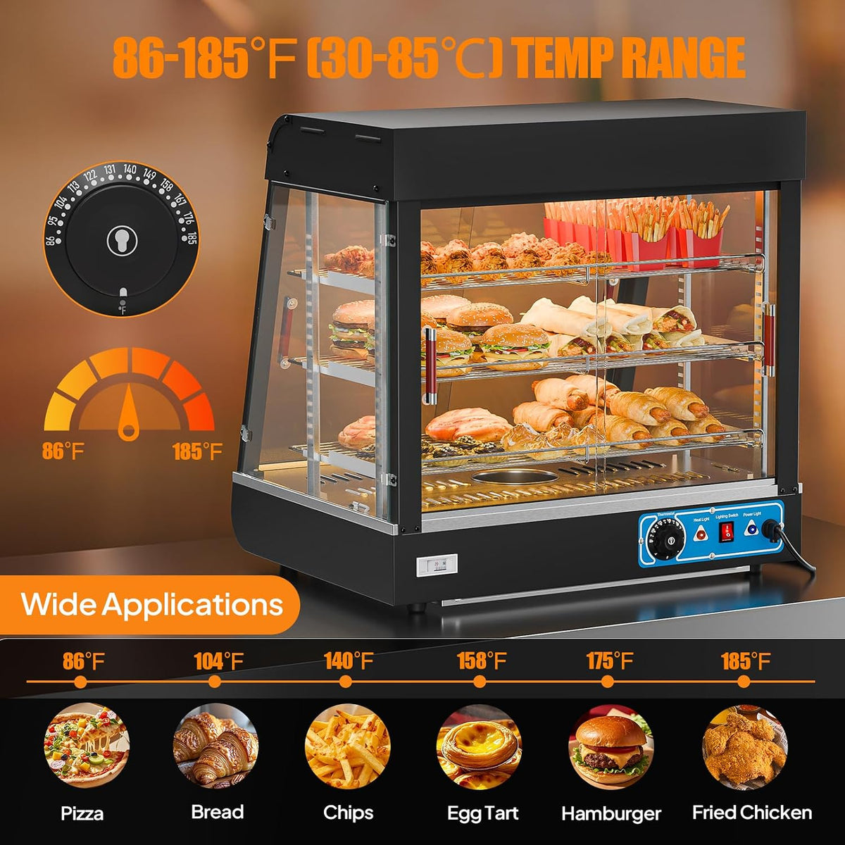 26" Commercial Food Warmer Display Pizza Warmer, 3-Tier Electric Countertop Food Warmer w/LED Lighting, Adjustable