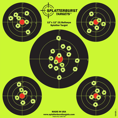 12 x12 inch (5) Bullseye Reactive Shooting Target - Shots Burst Bright Fluorescent Yellow Upon Impact - Gun - Rifle