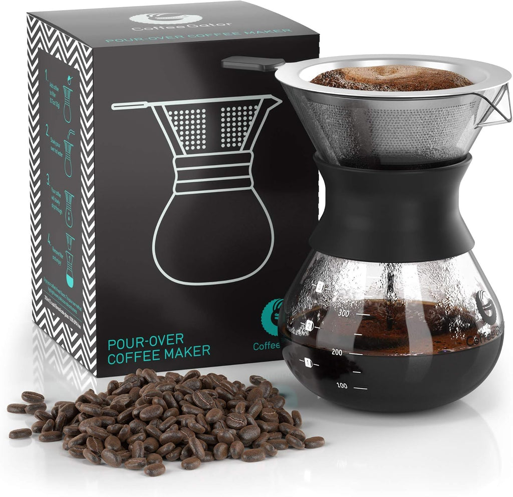 Pour Over Coffee Maker Portable - 10.5oz High Heat Borosilicate Glass w/Reusable Stainless Steel Filter, Drip Coffee