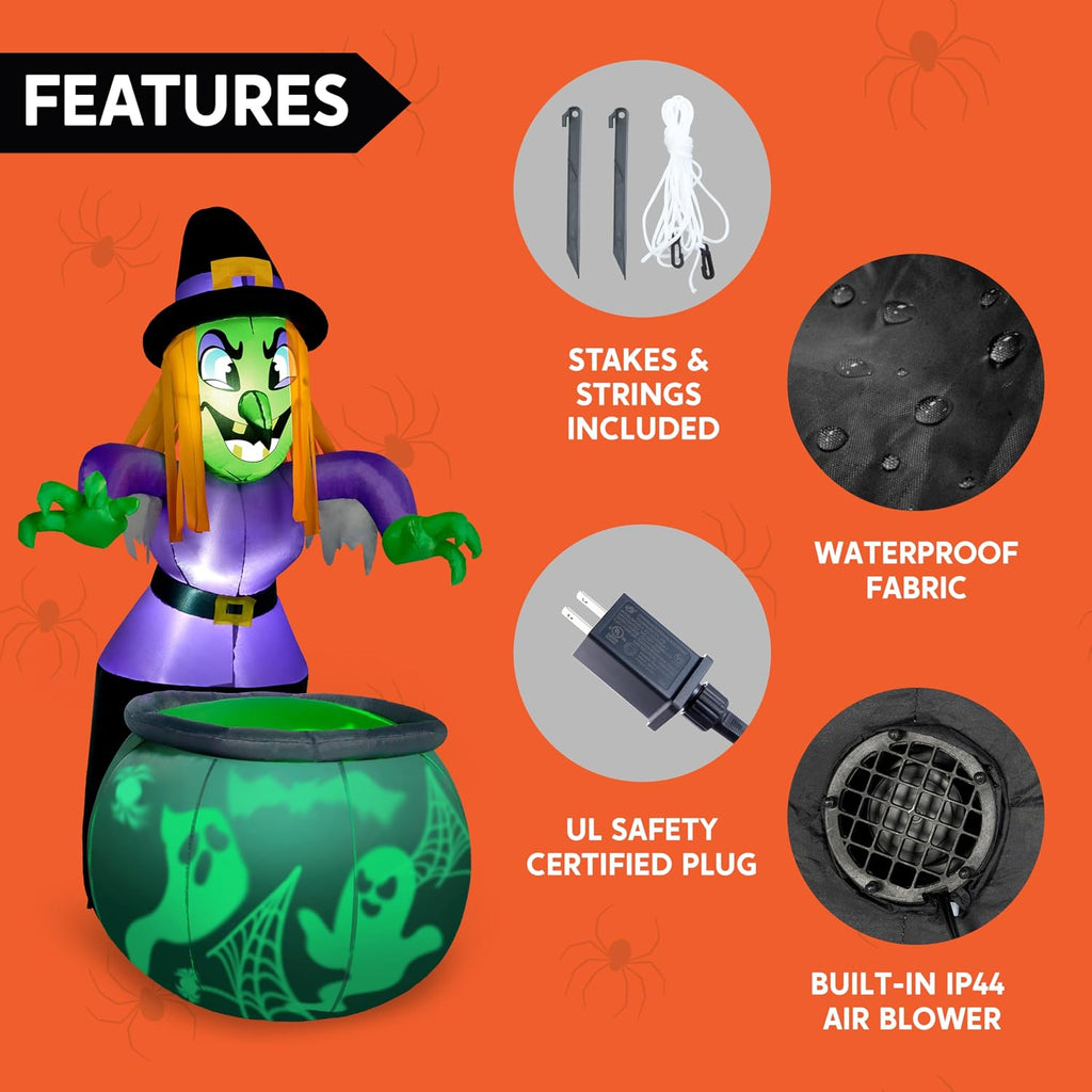 6 Ft Halloween Inflatable Witch and Cauldron Decoration with Projecting Rotating Green Ghost Light, Inflatable Yard