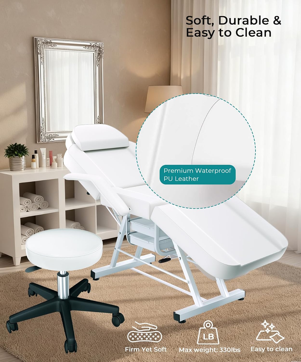 White Tattoo Chair for Client with Hydraulic Rolling Stool, Facial Bed Tattoo Client Chair Facial Chairs for