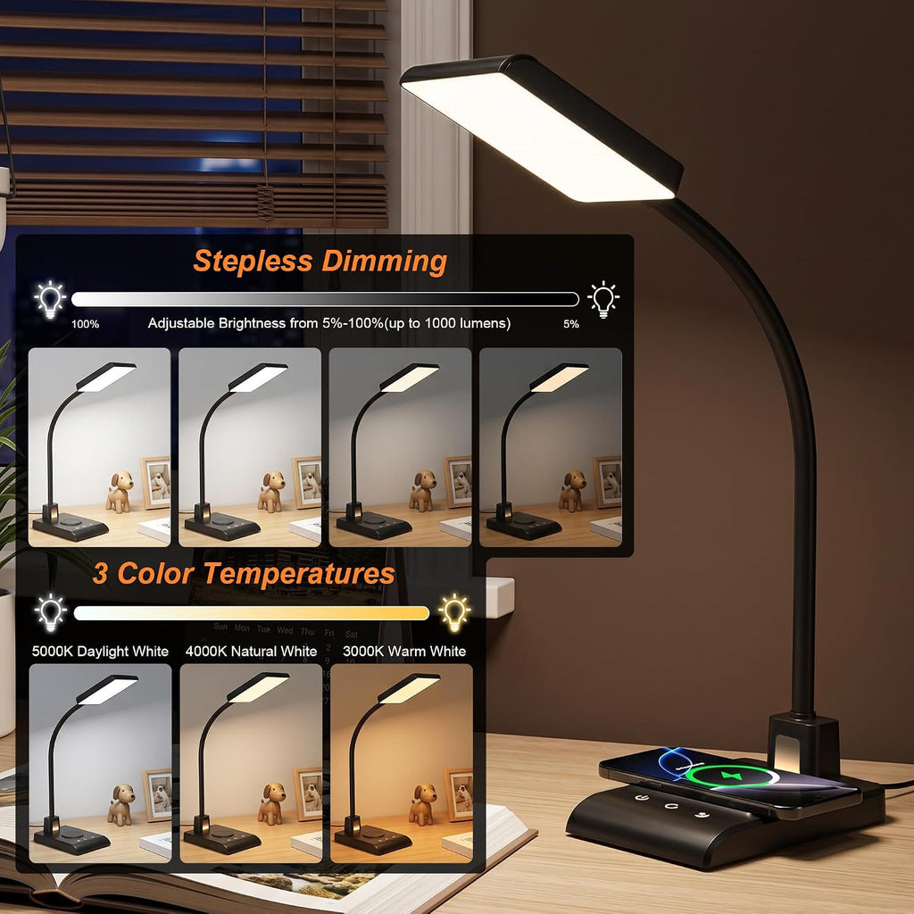 Desk Lamp with Wireless Charger, Desk Lamps for Home Office Night Light | 3 Color Modes with Stepless Dimming, CRI