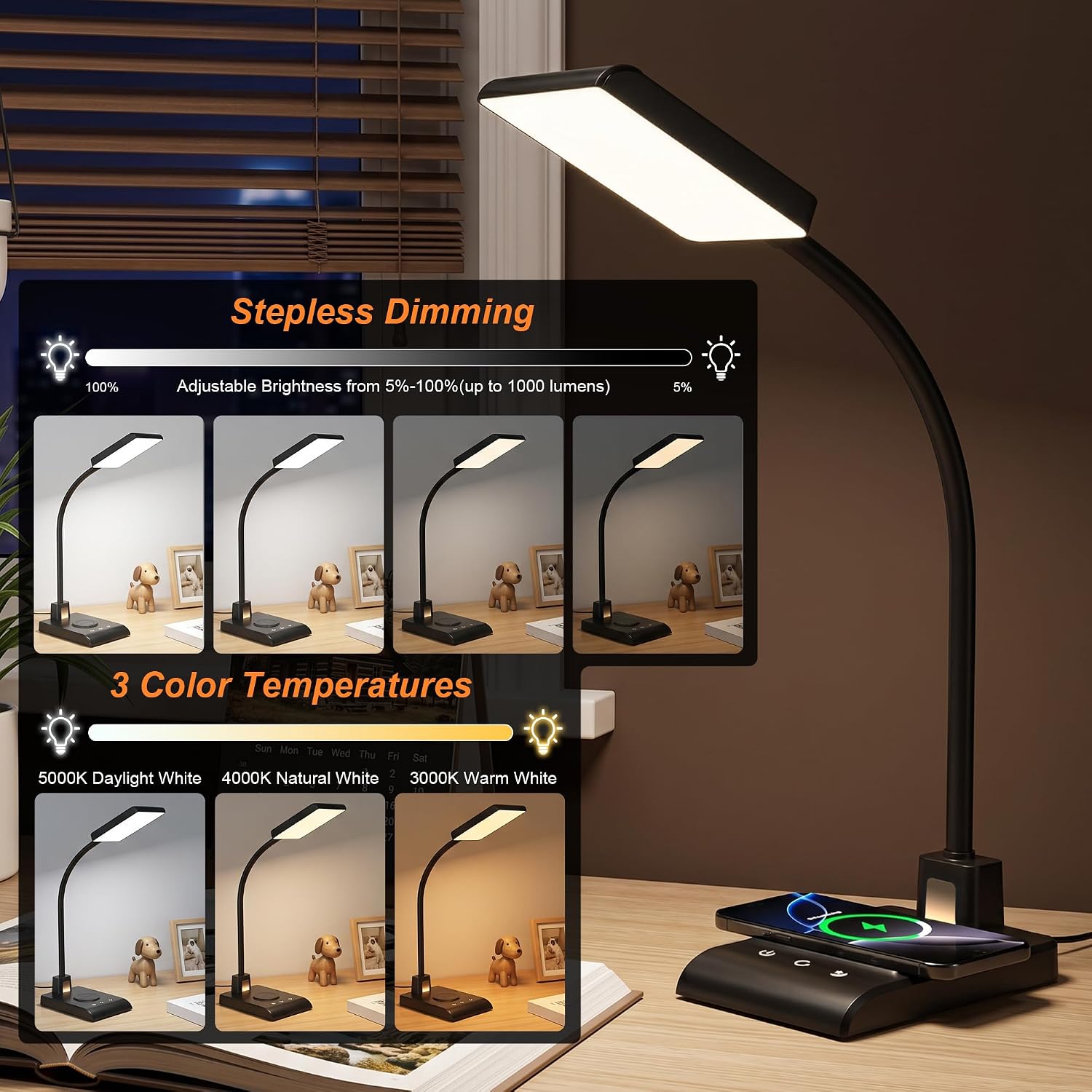 Desk Lamp with Wireless Charger, Desk Lamps for Home Office Night Light | 3 Color Modes with Stepless Dimming, CRI