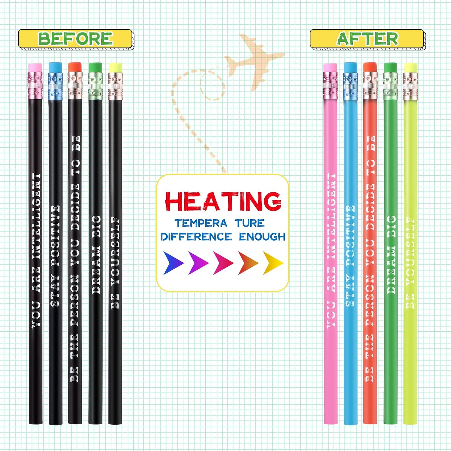 100 Pcs Inspirational Pencils Color Changing Pencils Bulk with Eraser HB Wooden Pens Gift for Kids Back to School