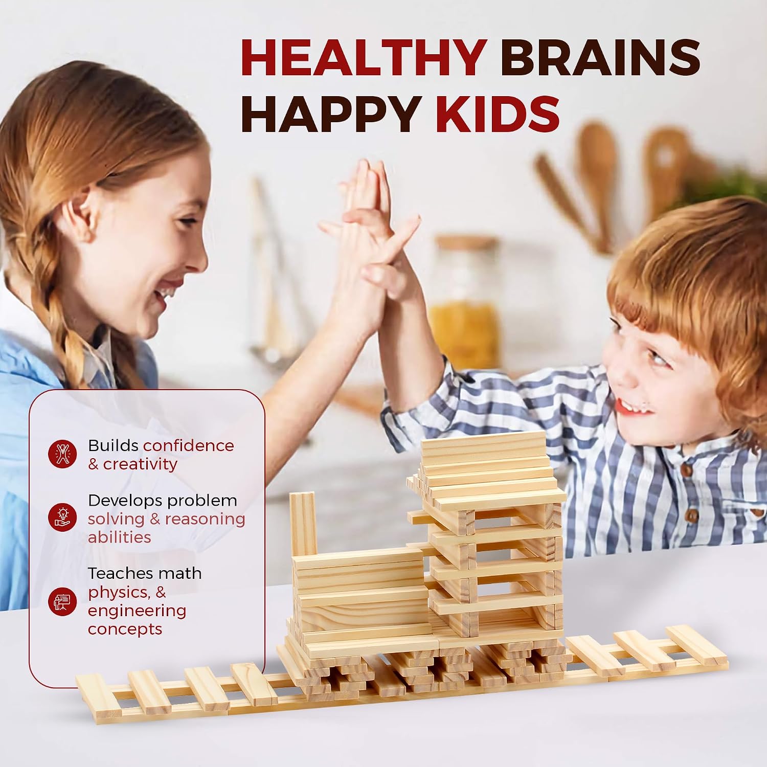OWT Wooden Building Planks for Kids | 100 Piece STEM Construction Blocks Set for Creative Play | Educational Wood