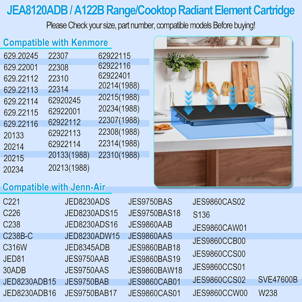 Upgraded A122B A122BA Radiant Cartridge Compatible with Jenn Air Cooktop Replacement Parts Radiant Cartridge JEA8120ADB Electric Range Cooktop Stove Burners Whirlpool Jennair Cooktop Parts