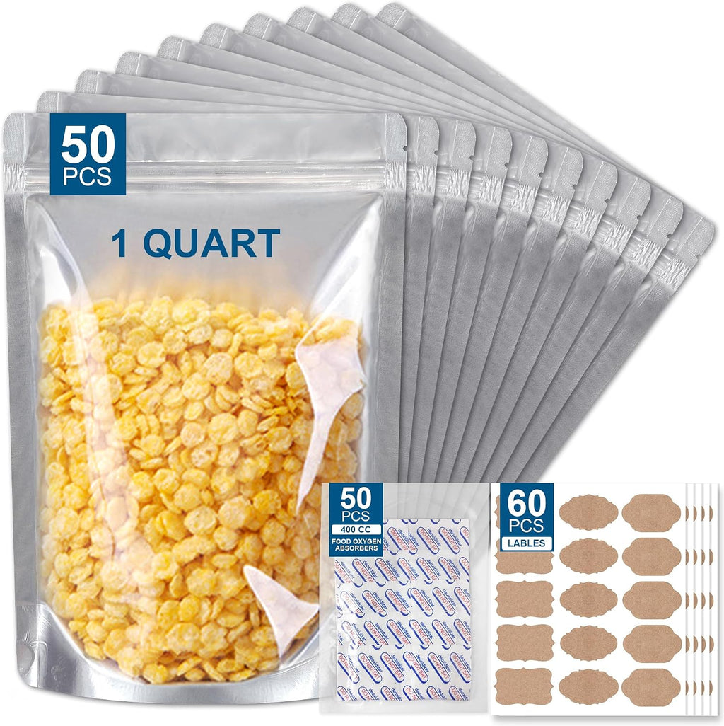 50 Packs Mylar Bags for Food Storage with Clear Window,1 QUART(9.44 Mil, 7"x 10") Reusable Mylar Bags with 400CC