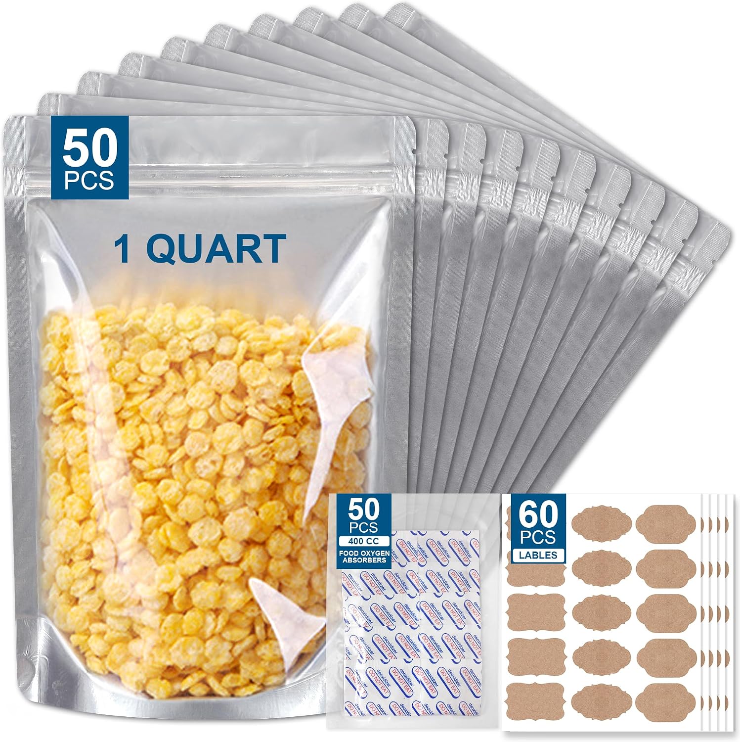 50 Packs Mylar Bags for Food Storage with Clear Window,1 QUART(9.44 Mil, 7"x 10") Reusable Mylar Bags with 400CC