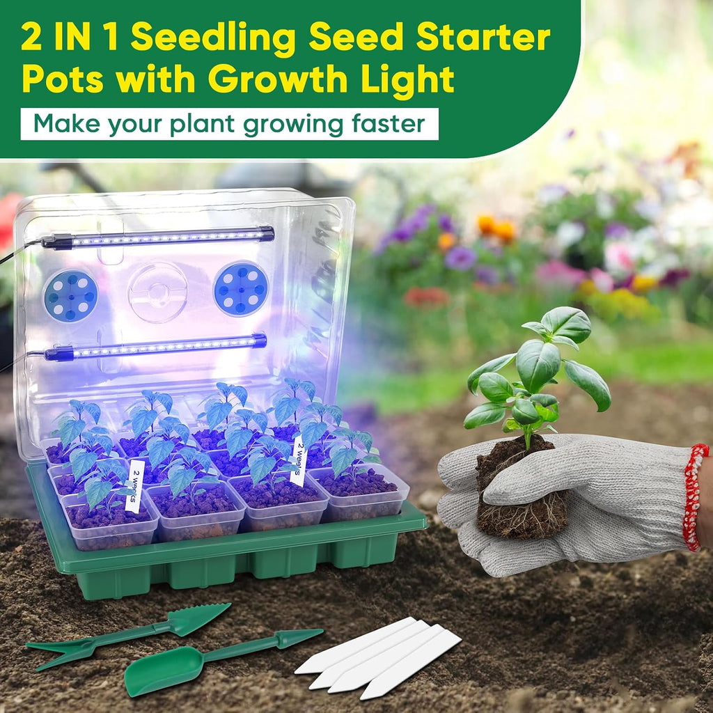 Seed Starter Tray with Grow Light, 24 Pack Large Clear Nursery Pots | 2.9" Deep Seedling Trays, Reusable Plant