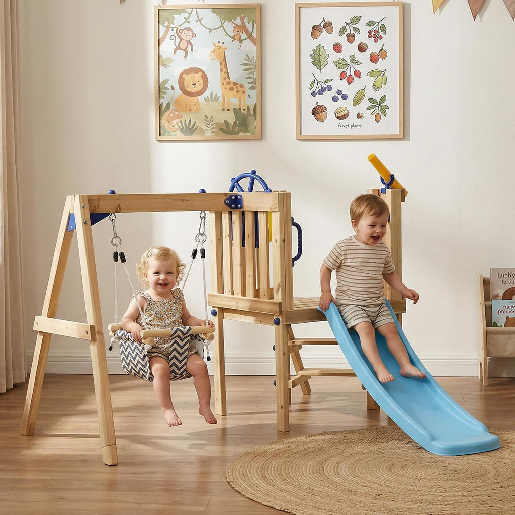 Swing Set for Backyard Wooden Toddler Playset Ages 1.5-4 Natural | Outdoor Playset, Baby Swing Seat, Kids Slide