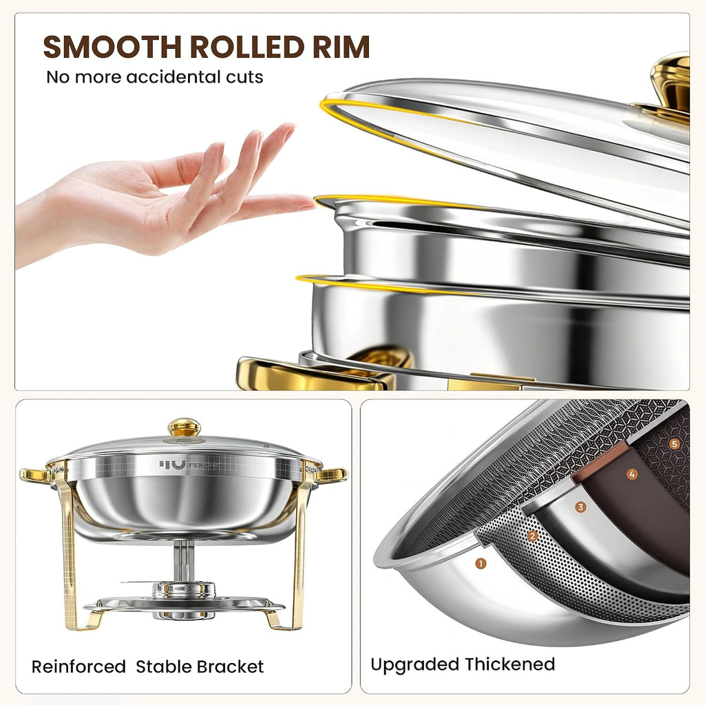 9QT Round Chafing Dishes for Buffet, 4 Pack Gold Chafer Set