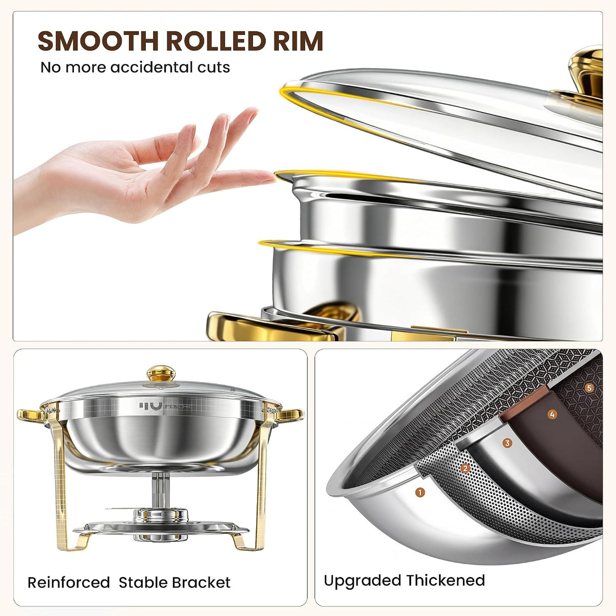 9QT Round Chafing Dishes for Buffet, 4 Pack Gold Chafer Set