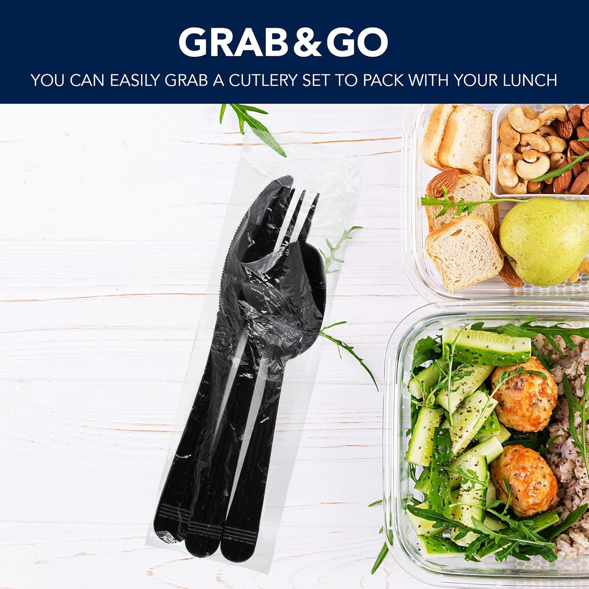 Individually Wrapped Heavy Duty Plastic Utensil Kits, 50 Sets for Party Catering, Fork/Spoon/Knife, Black